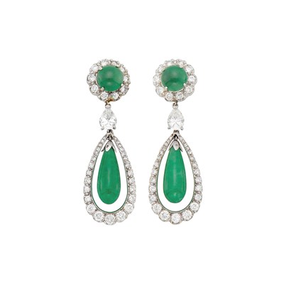 Lot 60 - Pair of White Gold, Jade and Diamond Pendant Earrings