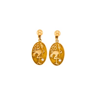 Lot 1040 - Pair of Gold and Diamond Stork Club Pendant-Earrings