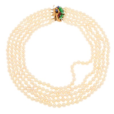 Lot 1110 - Five Strand Cultured Pearl Necklace with Gold and Gem-Set Clasp