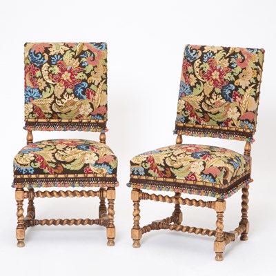 Lot 77 - Pair of Louis XIV Style Carved Walnut Needlepoint Upholstered Dining Chairs