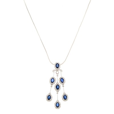 Lot 1156 - White Gold, Sapphire and Diamond Pendant with White Gold Snake Chain Necklace