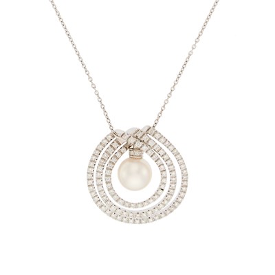 Lot 2120 - White Gold, Diamond and Cultured Pearl Pendant with Chain Necklace