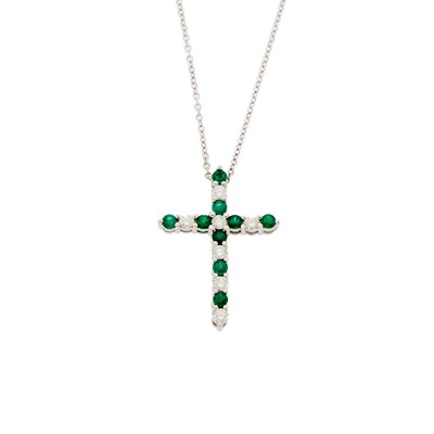 Lot 2132 - White Gold, Emerald and Diamond Cross Pendant with Chain Necklace