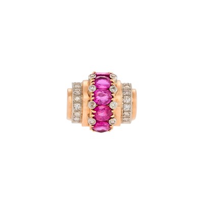 Lot 1052 - Retro Two-Color Gold, Ruby and Diamond Ring