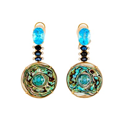 Lot 1207 - Pair of Gold, Abalone Shell, Blue Topaz, Blue Topaz Briolette, Sapphire and Diamond Pendant-Earrings