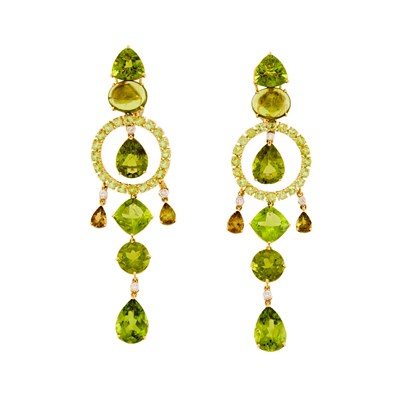 Lot 1176 - Pair of Gold, Peridot, Cabochon Peridot, Andalusite and Diamond Pendant-Earrings
