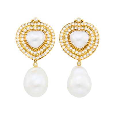 Lot 30 - Pair of Gold, Mabé Pearl, Diamond and Baroque South Sea Cultured Pearl Pendant-Earclips