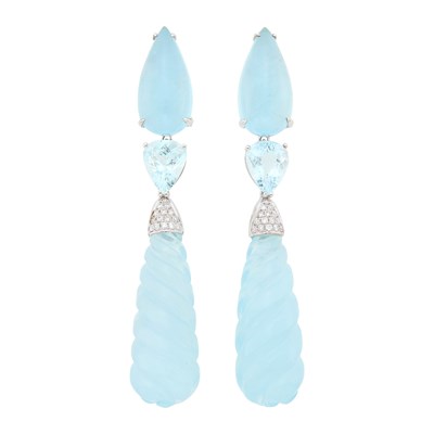 Lot 48 - Pair of White Gold, Aquamarine and Diamond Pendant-Earclips