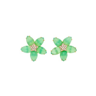 Lot 1043 - Pair of Two-Color Gold, Chrysoprase and Diamond Flower Earclips