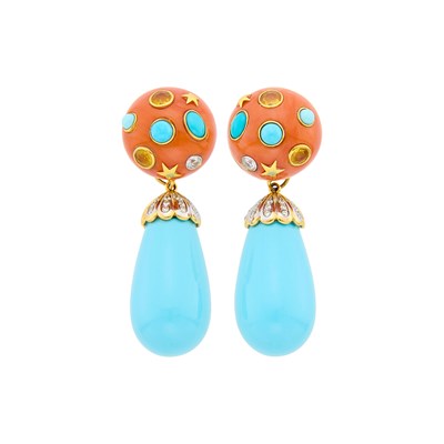 Lot 139 - Pair of Gold, Coral, Turquoise, Reconstituted Turquoise, Yellow Sapphire and Diamond Pendant-Earrings