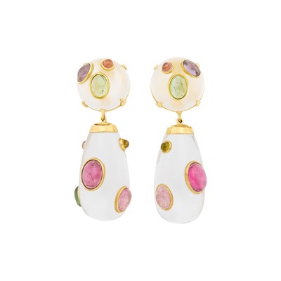 Lot 136 - Pair of Gold, Rock Crystal and Cabochon Multicolored Colored Stone Pendant-Earclips