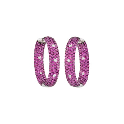 Lot 54 - Pair of White and Blackened Gold, Ruby and Diamond Hoop Earrings