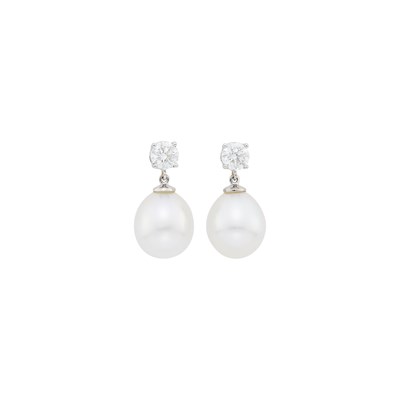 Lot 60 - Pair of Platinum, White Gold, South Sea Cultured Pearl and Diamond Pendant-Earrings