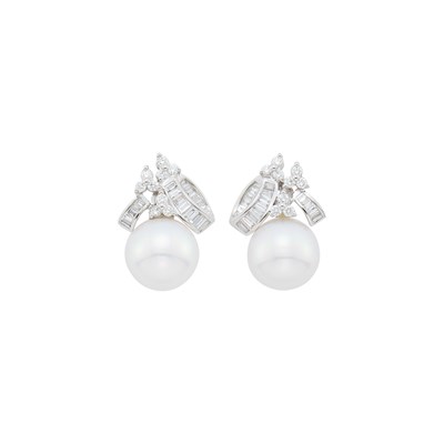 Lot 54 - Pair of White Gold, South Sea Cultured Pearl and Diamond Earrings