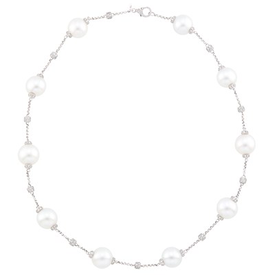 Lot 59 - White Gold, South Sea Cultured Pearl and Diamond Chain Necklace