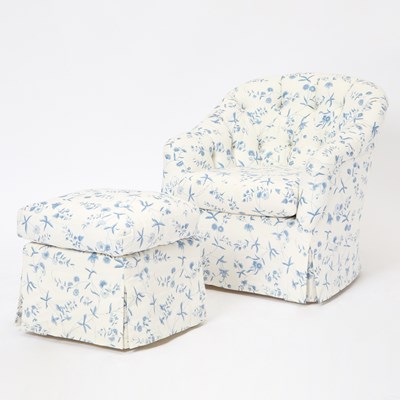 Lot 108 - Flower Linen Upholstered Swivel Club Chair and Ottoman