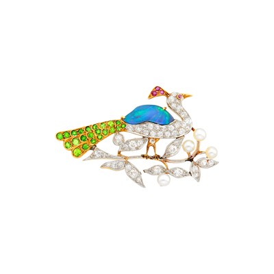 Lot 126 - Antique Platinum, Gold, Black Opal, Diamond, Demantoid Garnet and Pearl Peacock Brooch