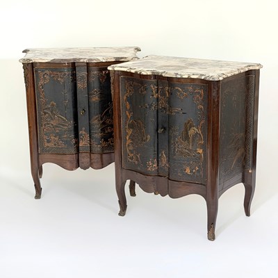 Lot 1037 - Pair of Louis XV Style Marble Top and Bronze Mounted Chinoiserie Cabinets