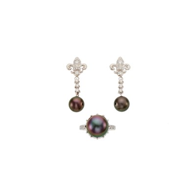 Lot 2121 - White Gold, Tahitian Gray Cultured Pearl and Diamond Ring and Pair of Fleur-de-Lys Pendant-Earrings