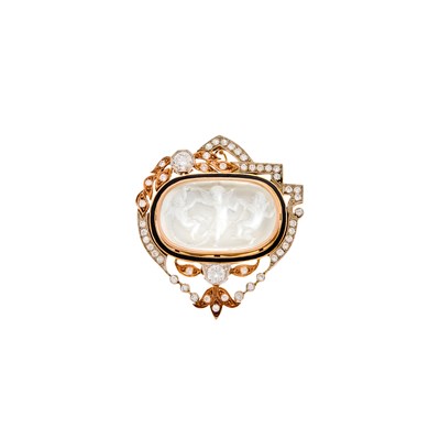 Lot 1075 - Low Karat Rose Gold, White Metal, Enamel, Diamond and Carved Moonstone Cherubs Pendant-Brooch