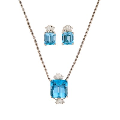 Lot 1132 - White Gold, Aquamarine and Diamond Pendant-Necklace and Pair of Earrings