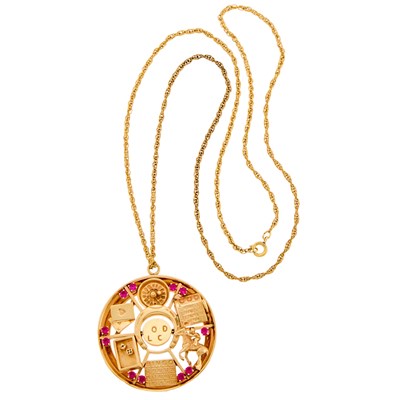 Lot 1050 - Gold and Synthetic Ruby Good Luck Pendant with Gold-Filled Chain Necklace