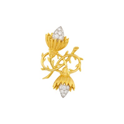 Lot 1107 - Tiffany & Co., Schlumberger Gold, Platinum and Diamond 'Twin Buds' Clip-Brooch