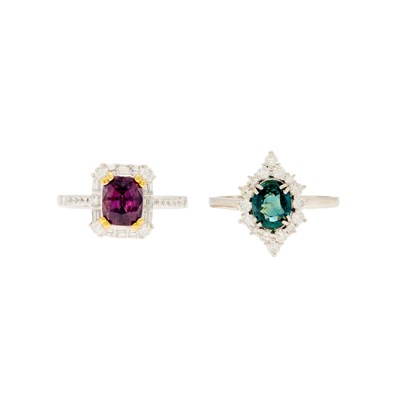 Lot 1169 - Two White Gold, Platinum, Pink and Green Sapphire and Diamond Rings