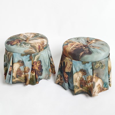 Lot 153 - Pair of Button-Tuft and Pleated Upholstered Stools