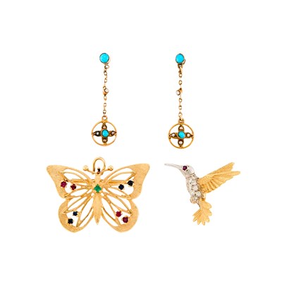 Lot 1189 - Group of Gold, White Gold, Low Karat Gold, Gem-Set and Diamond Hummingbird Pin, Butterfly Pendant-Brooch and Pair of Earrings