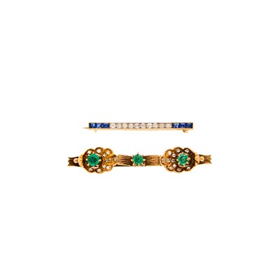Lot 1199 - Two Antique Gold, Low Karat Gold, Platinum and Gem-Set Bar Pins