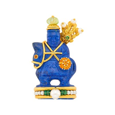 Lot 21 - Seaman Schepps Gold, Carved Lapis, Emerald Bead, Gem-Set, Mabé and Cultured Pearl Chessman Clip-Brooch