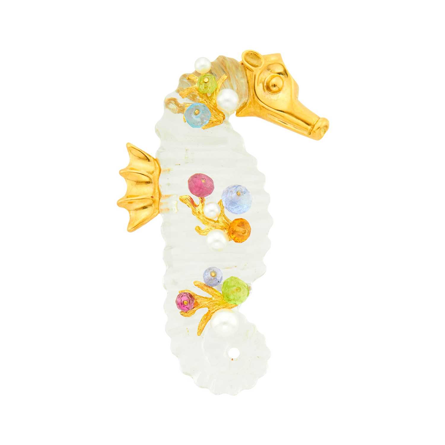 Lot 146 - Seaman Schepps Gold, Carved Rock Crystal, Colored Stone Bead and Cultured Pearl Seahorse Clip-Brooch