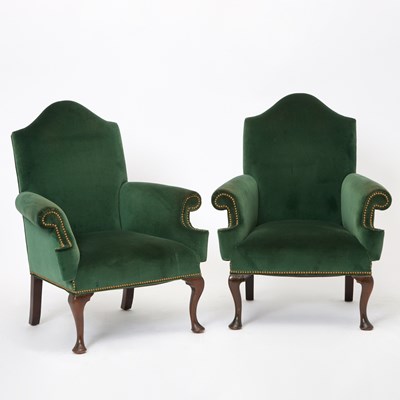 Lot 158 - Pair of Queen Anne Style Velvet Upholstered Mahogany Wing Chairs
