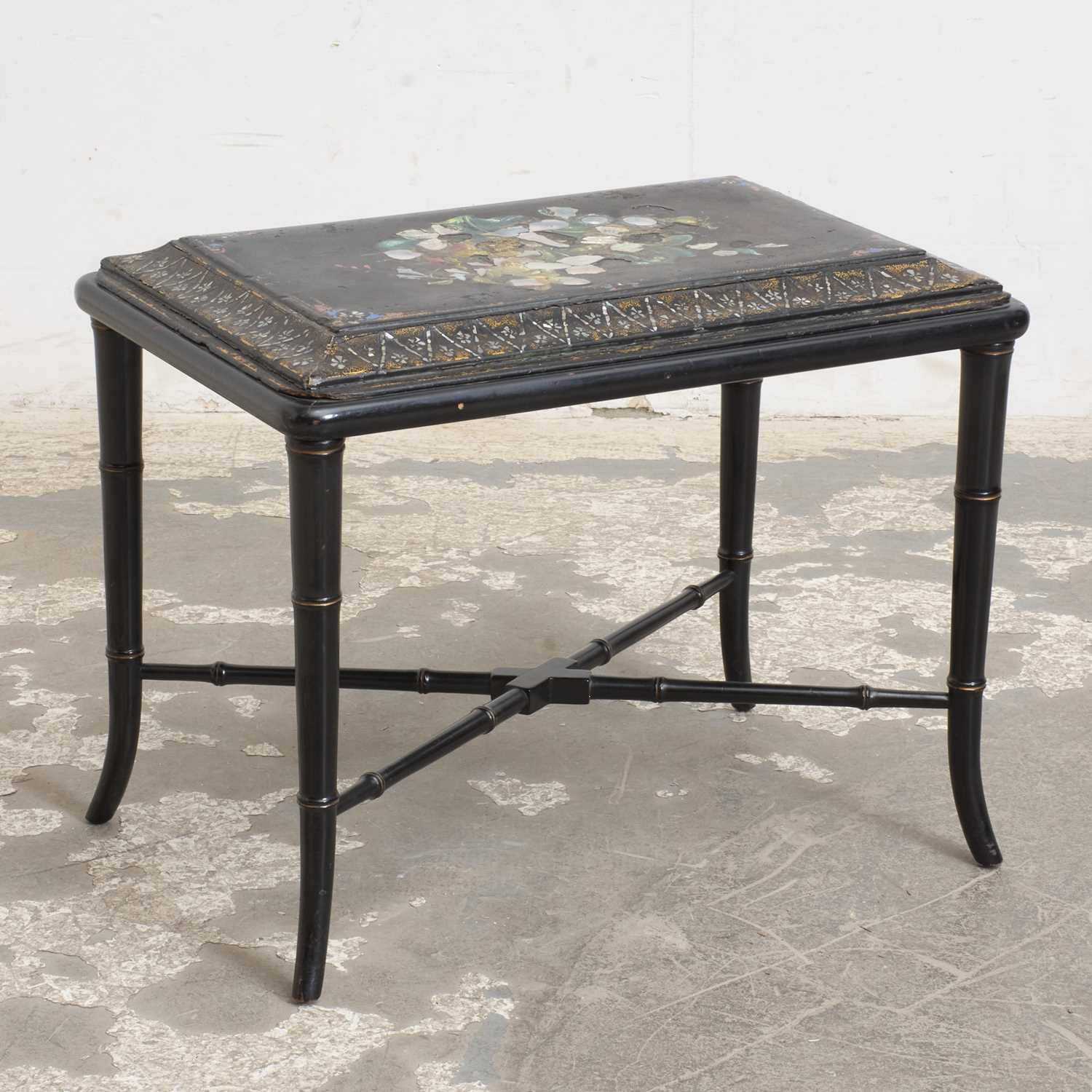 Lot 46 - Victorian Parcel Gilt, Mother-of-Pearl-inlaid and Polychrome Papier-Mache Trunk Lid