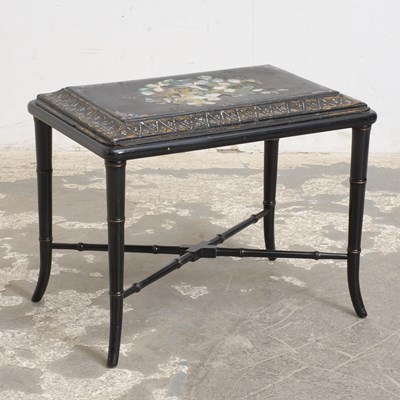 Lot 46 - Victorian Parcel Gilt, Mother-of-Pearl-inlaid and Polychrome Papier-Mache Trunk Lid