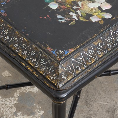 Lot 46 - Victorian Parcel Gilt, Mother-of-Pearl-inlaid and Polychrome Papier-Mache Trunk Lid