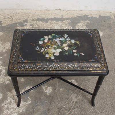 Lot 46 - Victorian Parcel Gilt, Mother-of-Pearl-inlaid and Polychrome Papier-Mache Trunk Lid