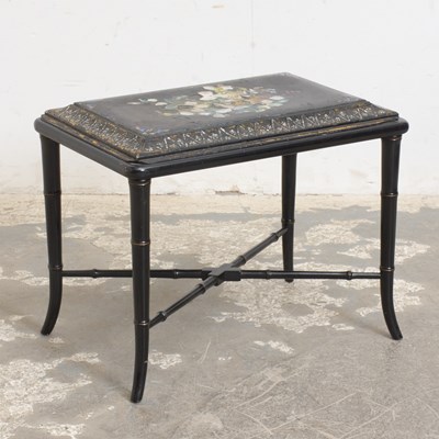 Lot 46 - Victorian Parcel Gilt, Mother-of-Pearl-inlaid and Polychrome Papier-Mache Trunk Lid