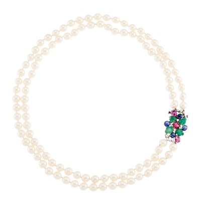Lot 1104 - Double Strand Cultured Pearl Necklace with Platinum, Colored Stone and Diamond Clasp