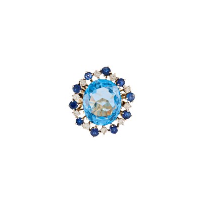 Lot 1209 - Two-Color Gold, Blue Topaz, Sapphire and Diamond Ring