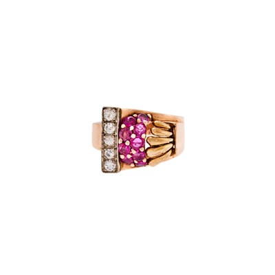 Lot 1100 - Retro Two-Color Gold, Ruby and Diamond Ring