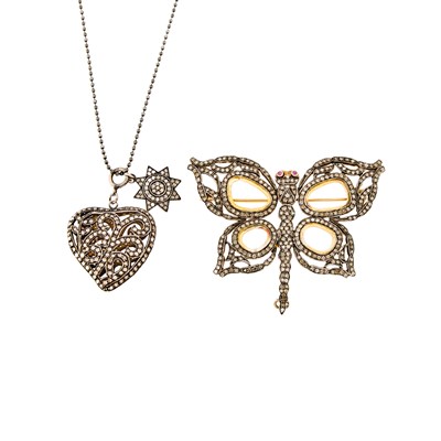 Lot 1093 - Silver, Colored Diamond Heart and Star Pendants with Blackened Silver Chain Necklace and Butterfly Brooch