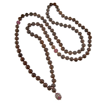 Lot 1291 - Black Balinese Wood, Silver, Diamond and Ruby Bead Meditation Necklace