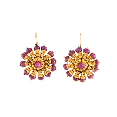 Lot 1244 - Pair of Gold, High Karat Gold and Ruby Pendant-Earrings