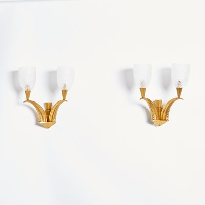 Lot 311 - Pair of French Art Deco Gilt-Bronze and Molded Glass Two-Light Wall Sconces