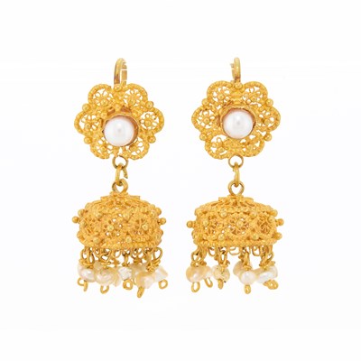 Lot 1246 - Pair of High Karat Gold and Freshwater Pearl Pendant-Earrings
