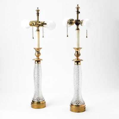 Lot 199 - Pair of Empire Style Gilt-Metal Mounted Cut Glass Candlestick Lamps