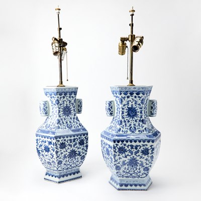 Lot 123 - Pair of Chinese Blue and White Porcelain Table Lamps