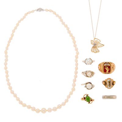 Lot 1185 - Group of White Gold, Low Karat Gold, Cultured Pearl, Nephrite, Diamond and Enamel Jewelry with Loose Cultured Pearls